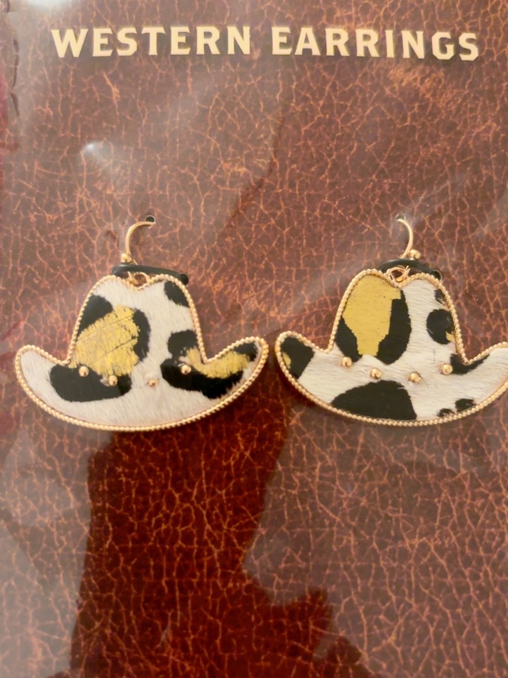 Western Cowhide Cowboy Hat Drop Earrings - Black, White & Gold